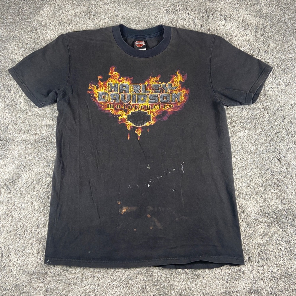 Harley Davidson Shirt Mens L Black Flame Graphic Frederick MD Distressed Tee